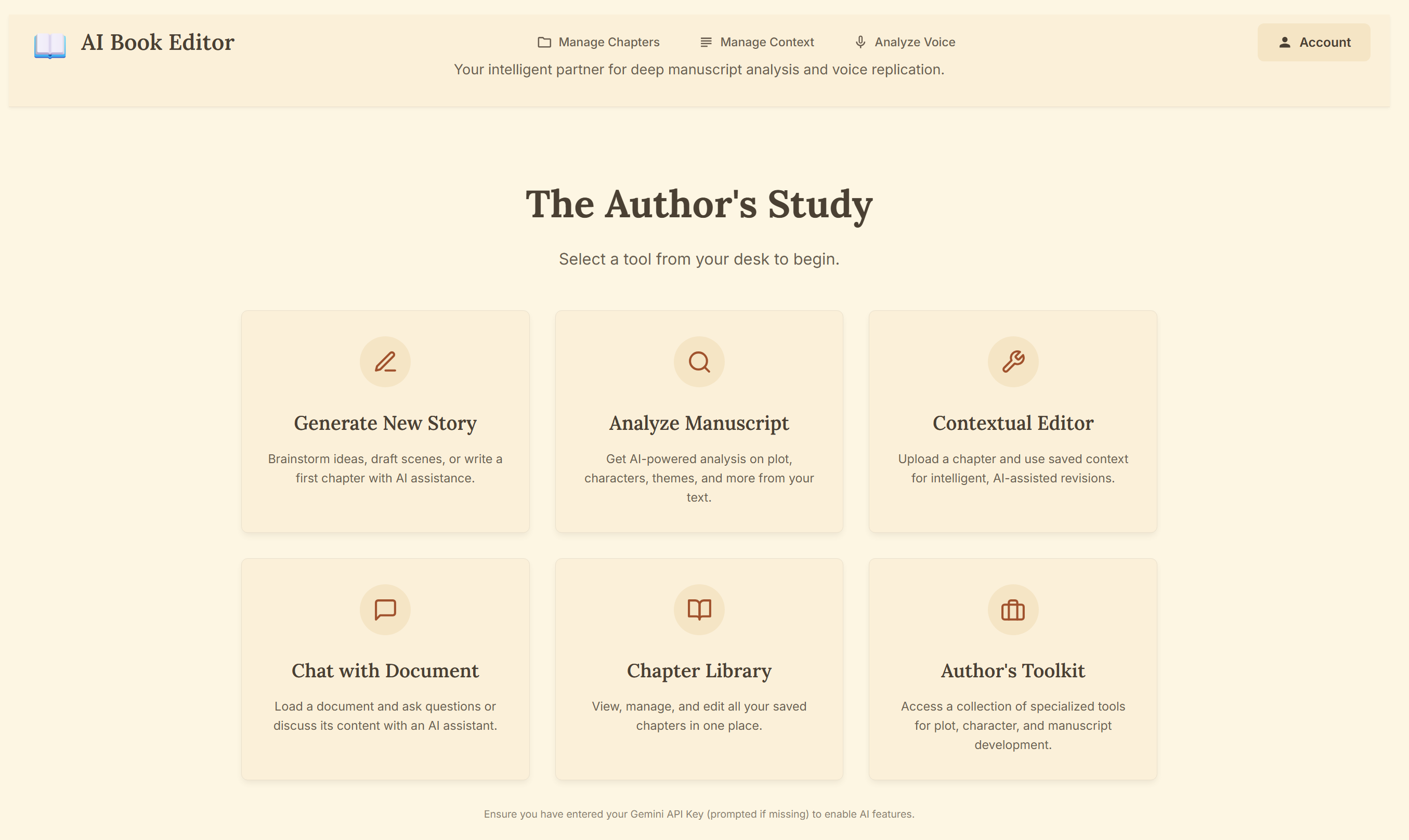 The Author's Study: main landing page showing the six primary workspace tools: Generate New Story, Analyze Manuscript, Contextual Editor, Chat with Document, Chapter Library, and Author's Toolkit