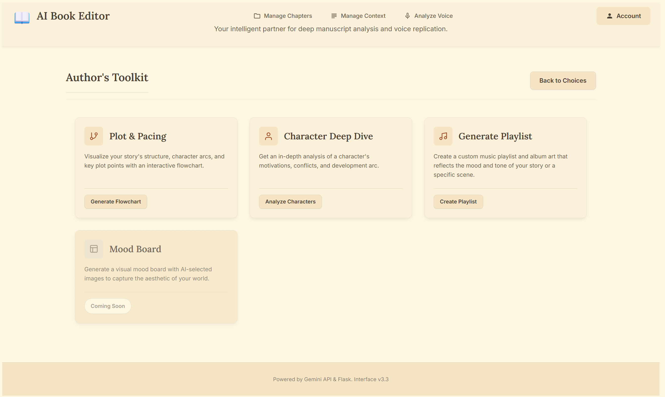 Author's Toolkit panel: Plot & Pacing flowchart generator, Character Deep Dive analyzer, Generate Playlist with album art, and Mood Board tools