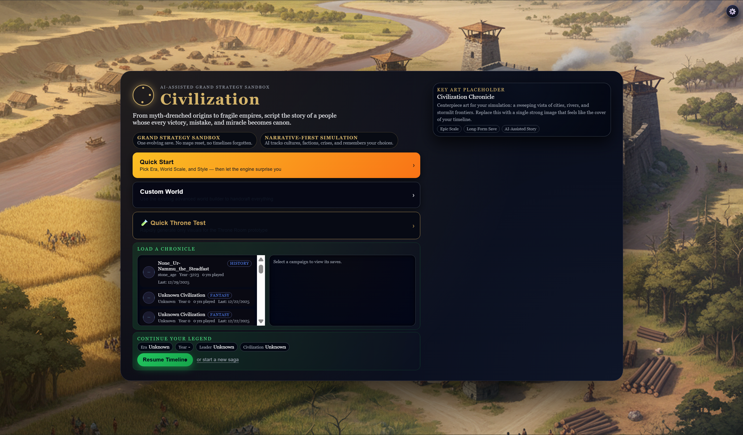 Civ-AI main campaign hub: Civilization title, Quick Start options, Custom World builder, and a Chronicle log of prior campaigns persisting across sessions