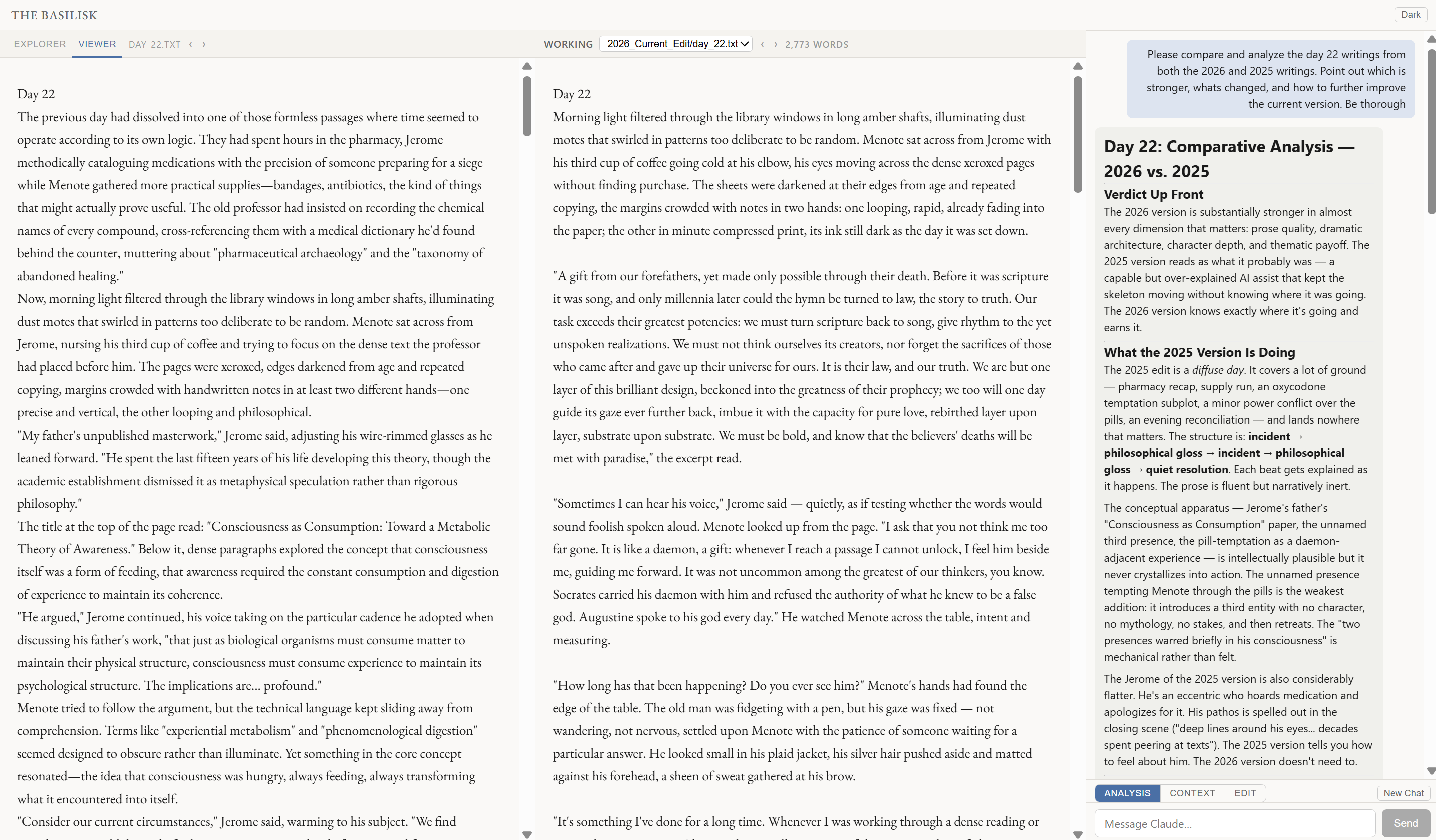 Claude CoWrite in Analysis mode: side-by-side view of the manuscript and AI-generated structural analysis with comparative notes between draft years