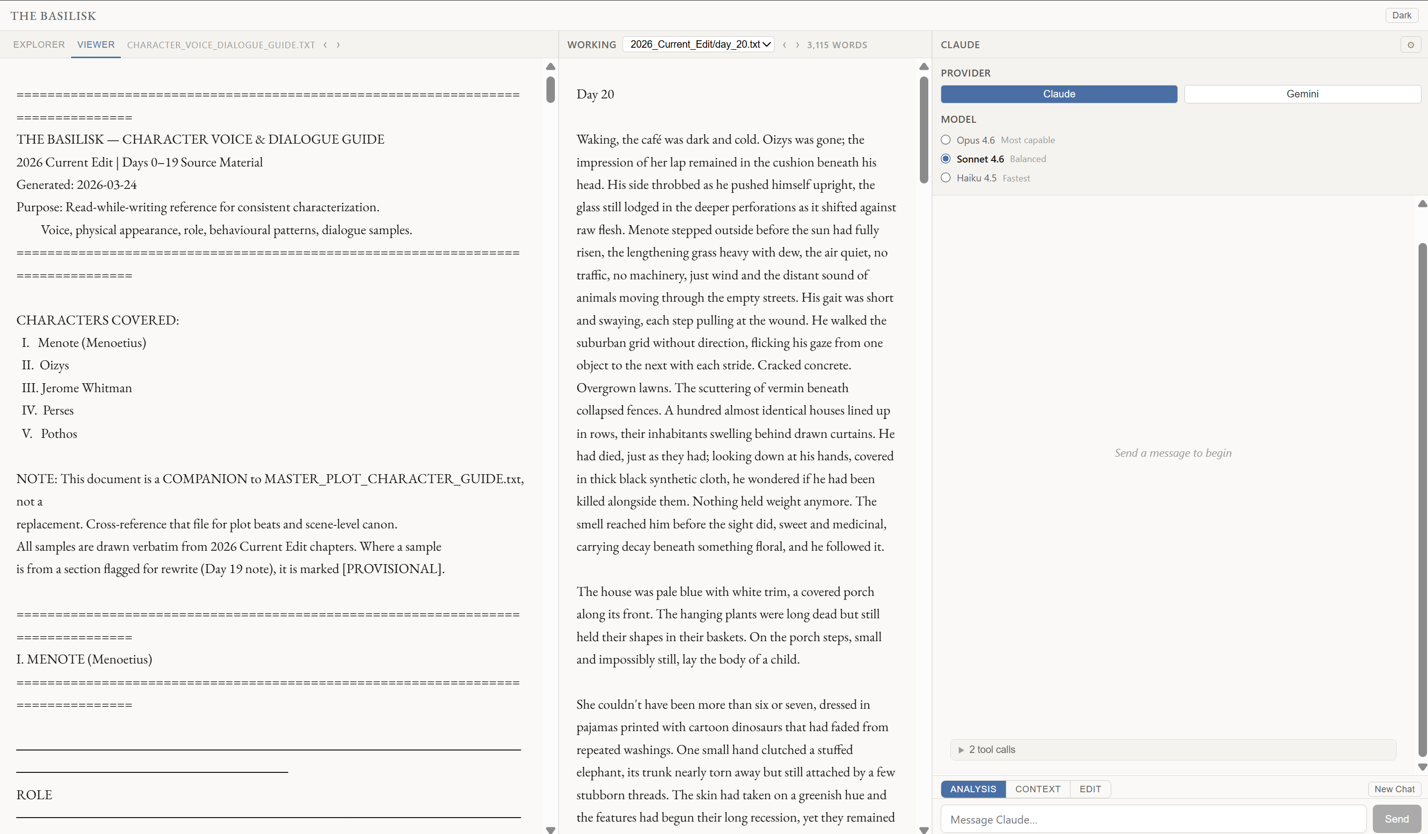 Claude CoWrite Context mode: file viewer showing a generated character voice and dialogue guide, used as retrieval context for subsequent AI editing passes