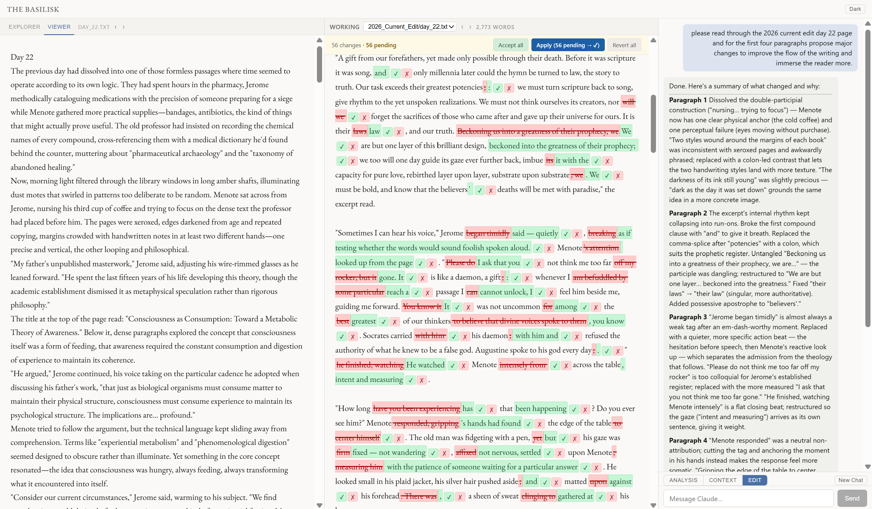 Claude CoWrite in Edit/Diff mode: dual pane with original manuscript on the left and AI-proposed edits on the right, with word-level highlighting showing insertions and deletions