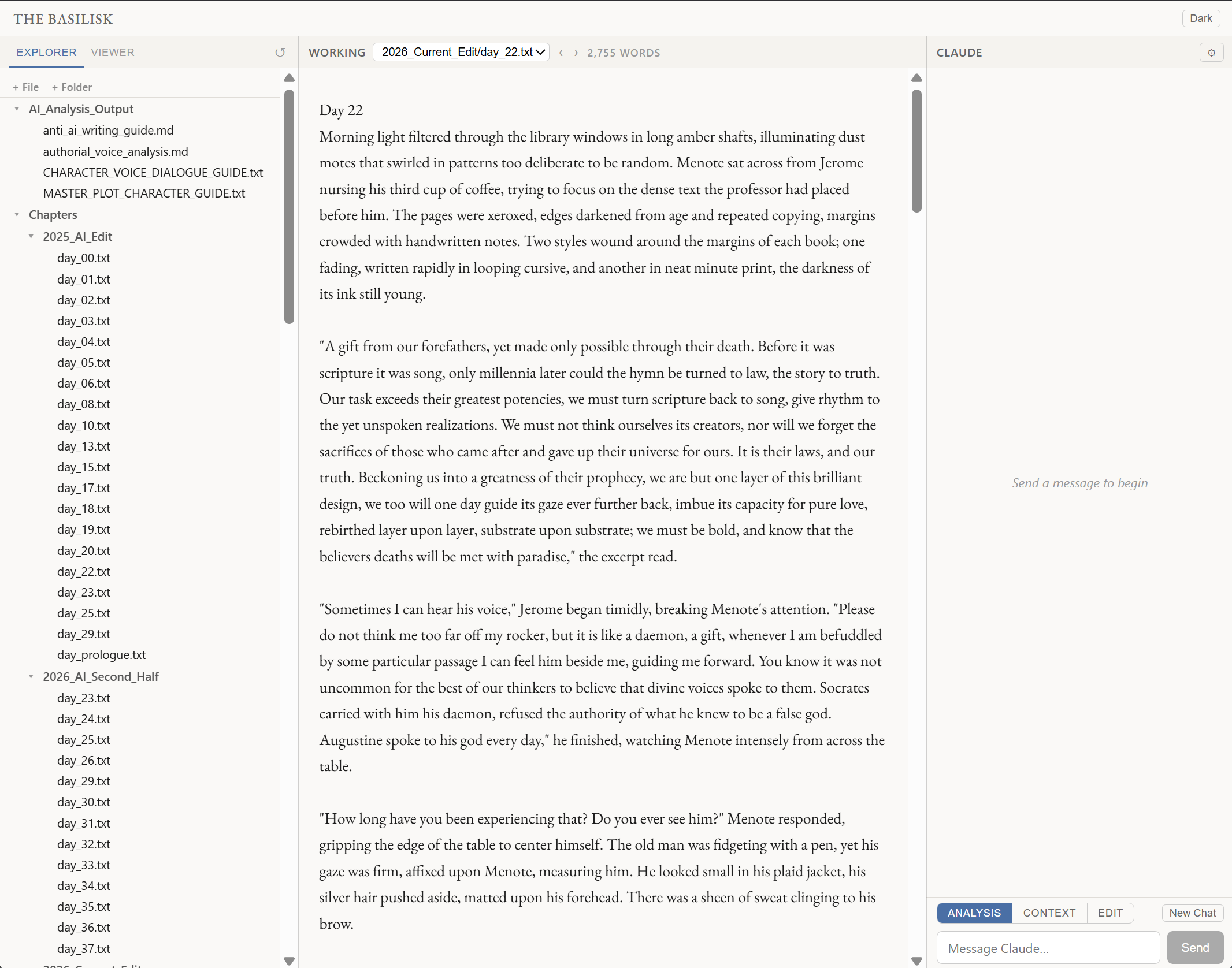 Claude CoWrite: three-pane layout with file browser (left), manuscript editor (center), and Claude chat panel (right)